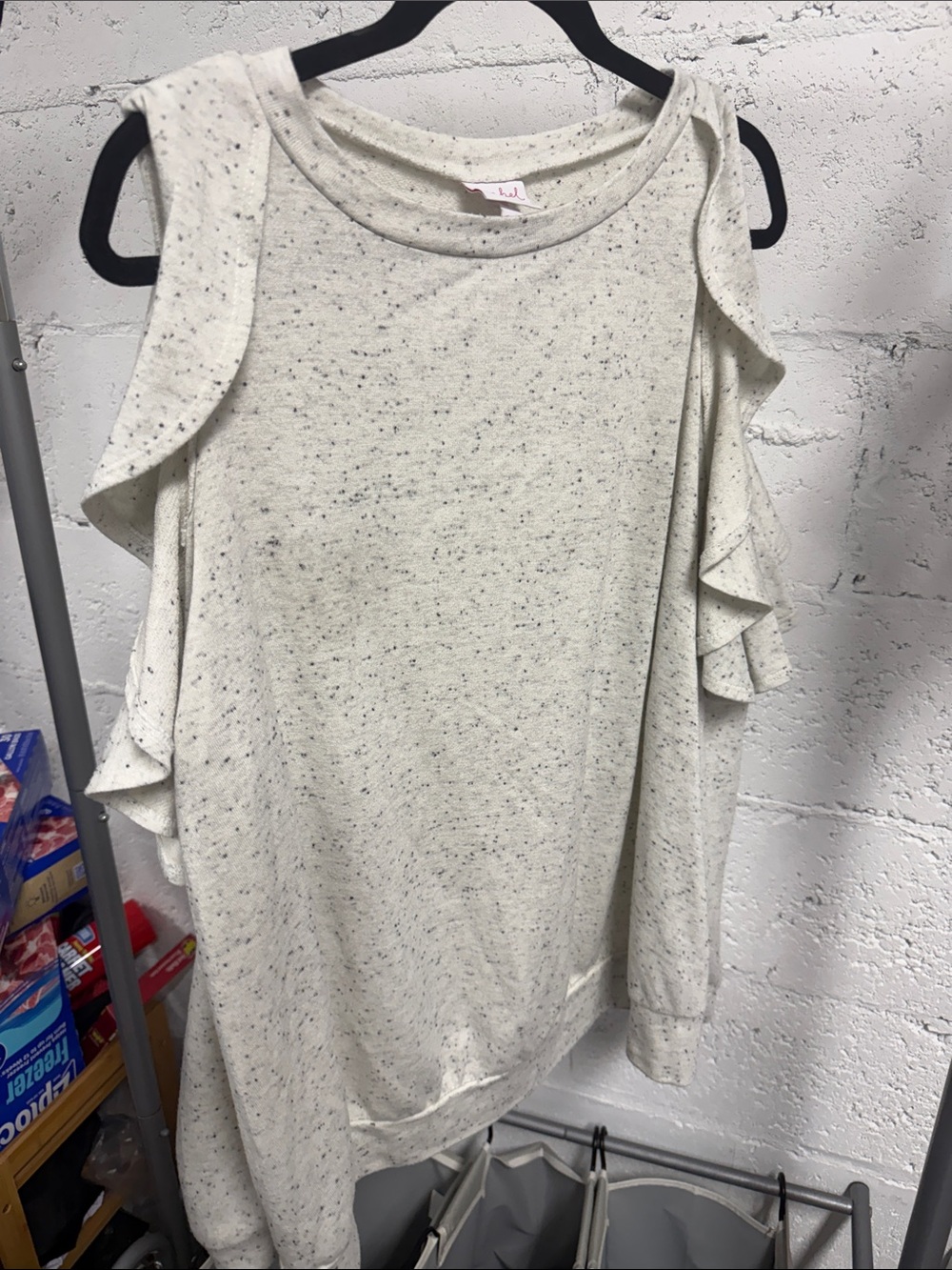 Speckled Gray Open Shoulder Ruffle Long Sleeve Women ISABEL Maternity Size Large